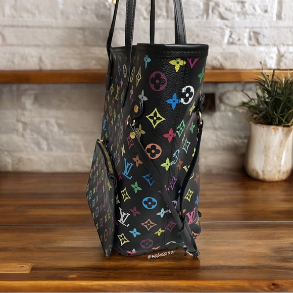 Women’s Black Multicolor Neverfull Style Shoulder Bag W/Pouch + Wallet NEW - Picture 3 of 9